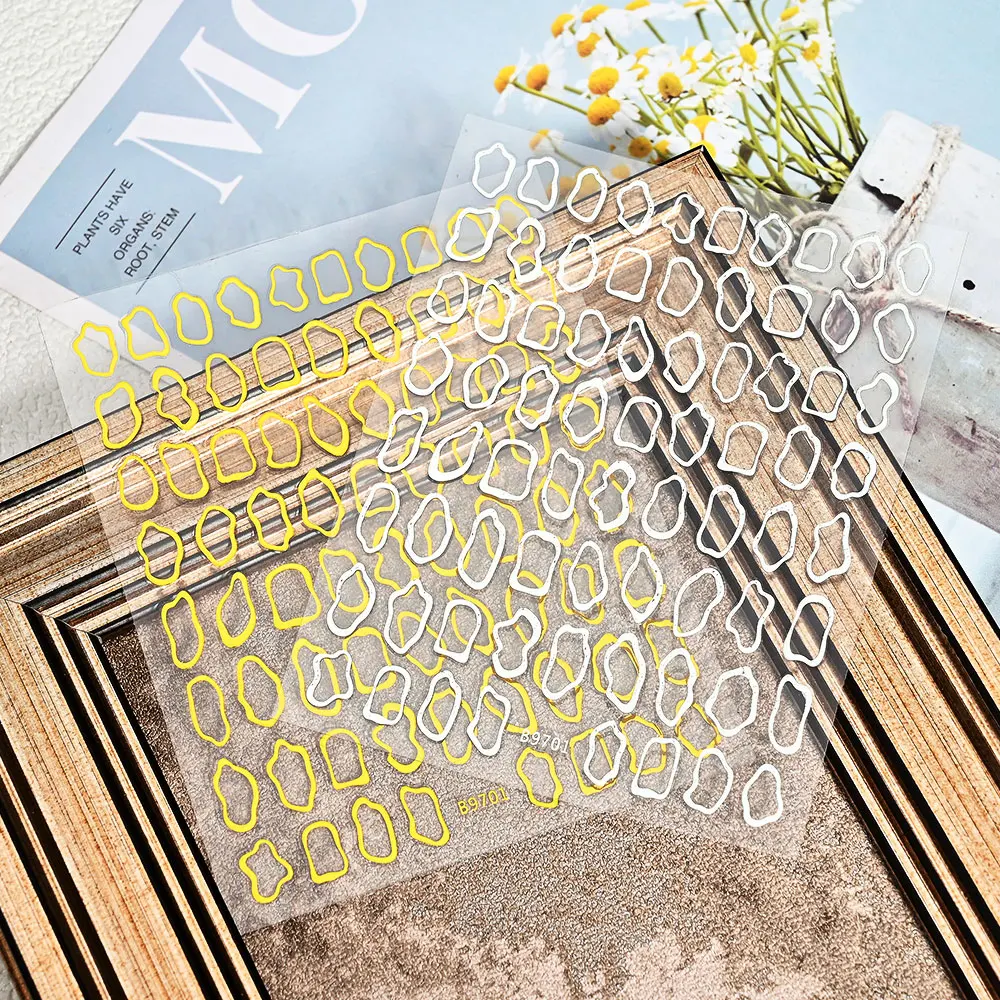 Description Picture 3 of item1Pc 3D Gold Hollow Irregular Geometric Nail Stickers Holo Metal Frame Gold/Silver Decals Square Self Adhesive Sliders Nail Deco