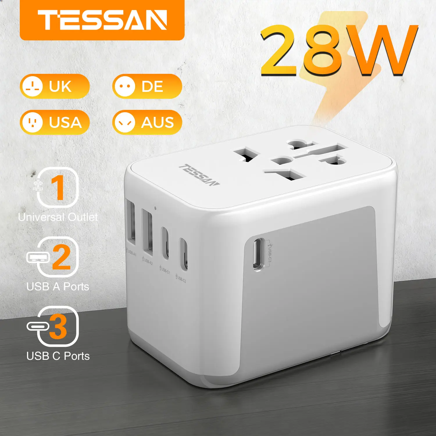 Global Travel Power Adapter with USB and Type C Ports