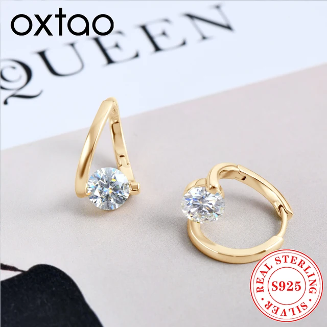 OXTAO 925 Silver Twisted Hoop Earrings 6.5mm Moissanite Solitaire Stone D VVS1 Glittering Diamond Ladies Luxury Jewelry Gift