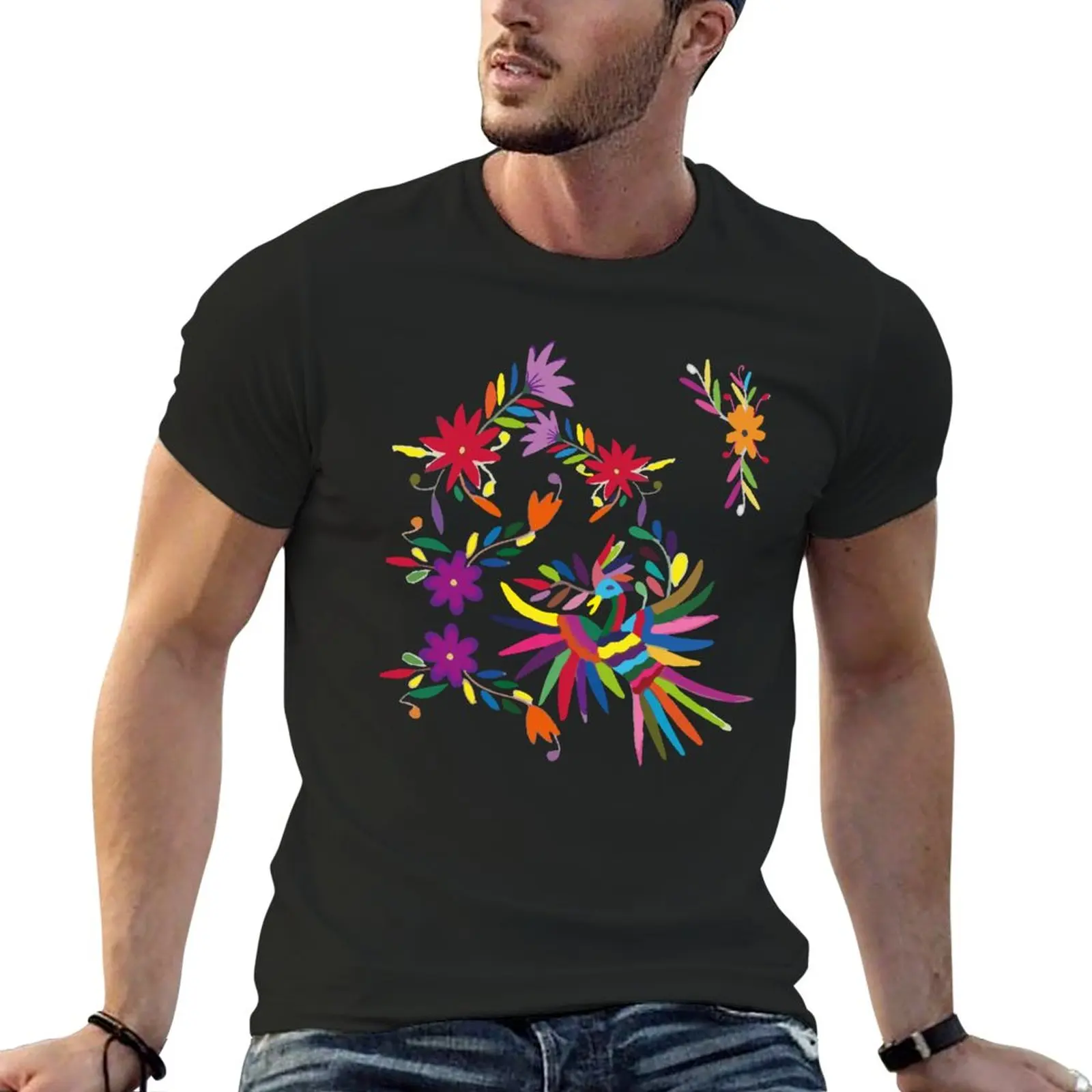 

New Mexican handmade embroidery multicolor otomí tenango bird and flowers T-Shirt summer tops men clothes