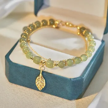 Imitation Hetian Jade Bracelet for Women Ginkgo Tulip Leaves Layered Beaded Charm Bracelets Party Casual