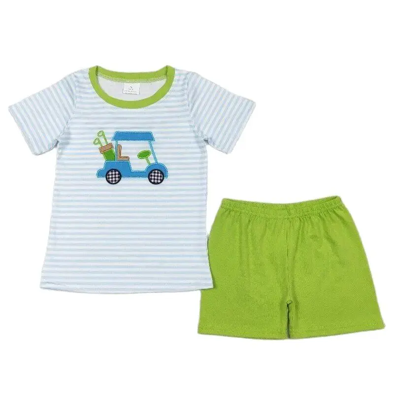 

New arrivals RTS cute boys golf embroidery toddler outfits children summer green shorts suits baby boy boutique clothes