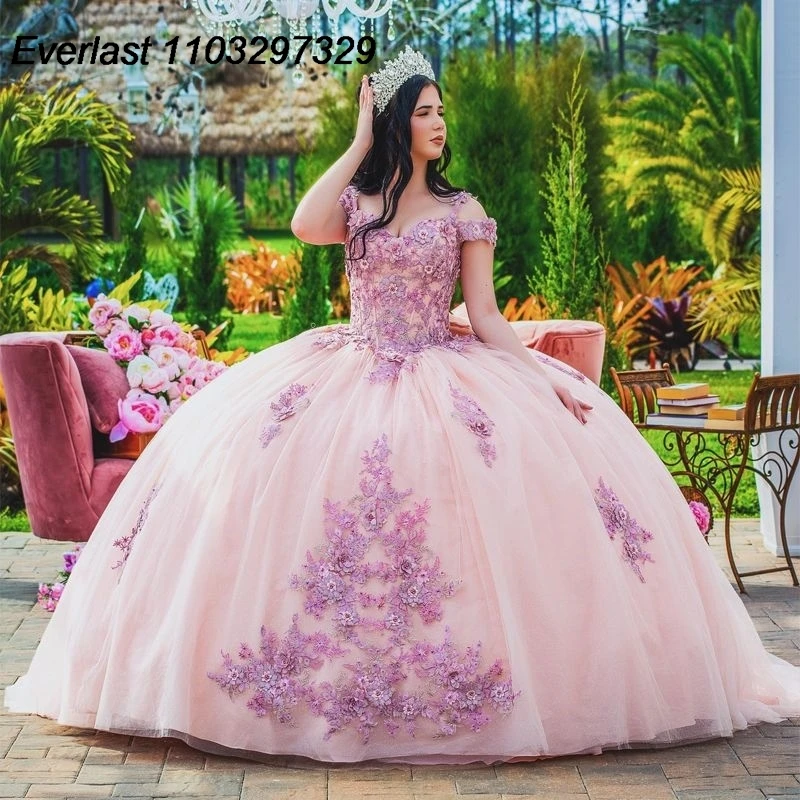 

EVLAST Princess Pink Quinceanera Dress Ball Gown 3D Flowers Applique Beading Off Shoulder Bow Sweet 15 Vestido De 15 Anos TQD591