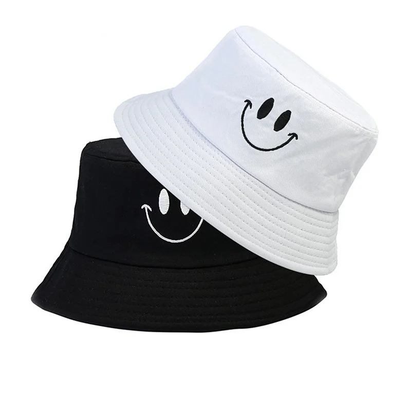 

Embroidered smile Foldable Bucket Hat Men Women Beach Sun Hat Unisex Street Headwear Fisherman Outdoor Cap Panama Bucket Caps