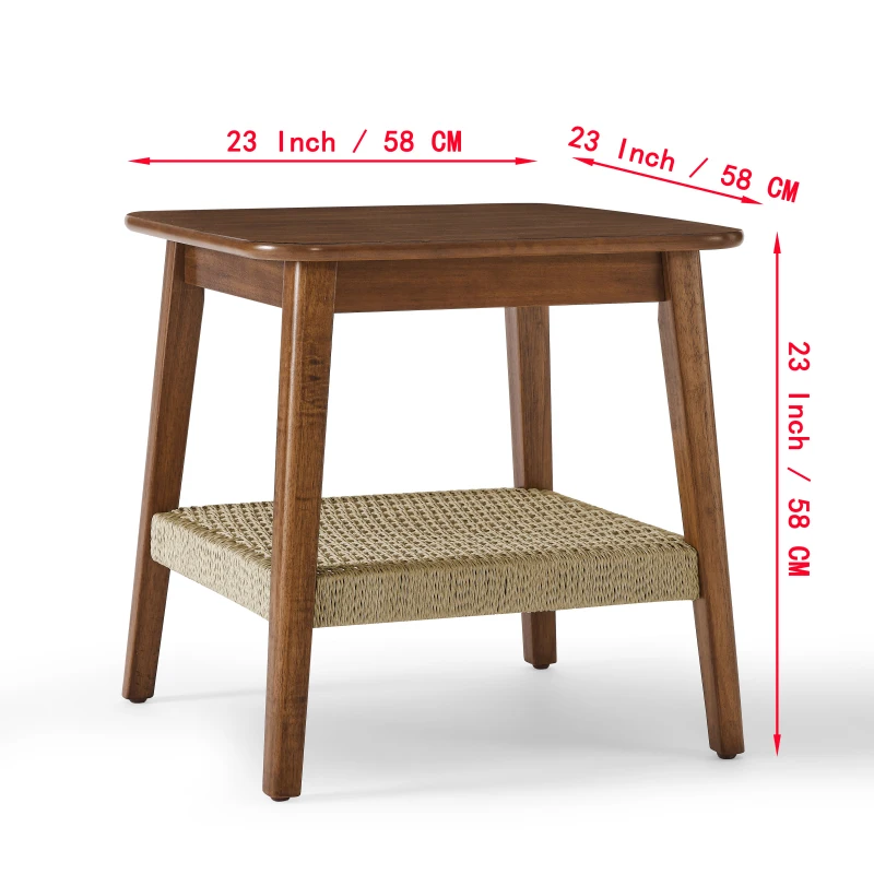 Mid-Century Side Table with Woven Shelf, Boho Side Table with Storage, Small Side Table for Living Room Couch Bedroom Patio 5