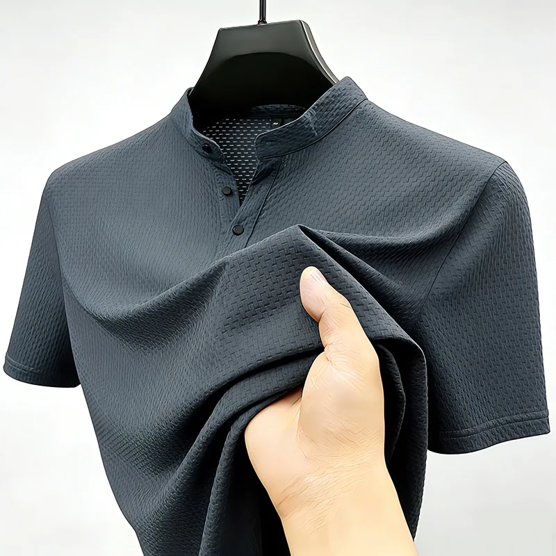 Hochelastisches Herren-Poloshirt mit Waffelstruktur, knitterfrei, Business-Casual, Kurzarm, für unterwegs. – Detail 12
