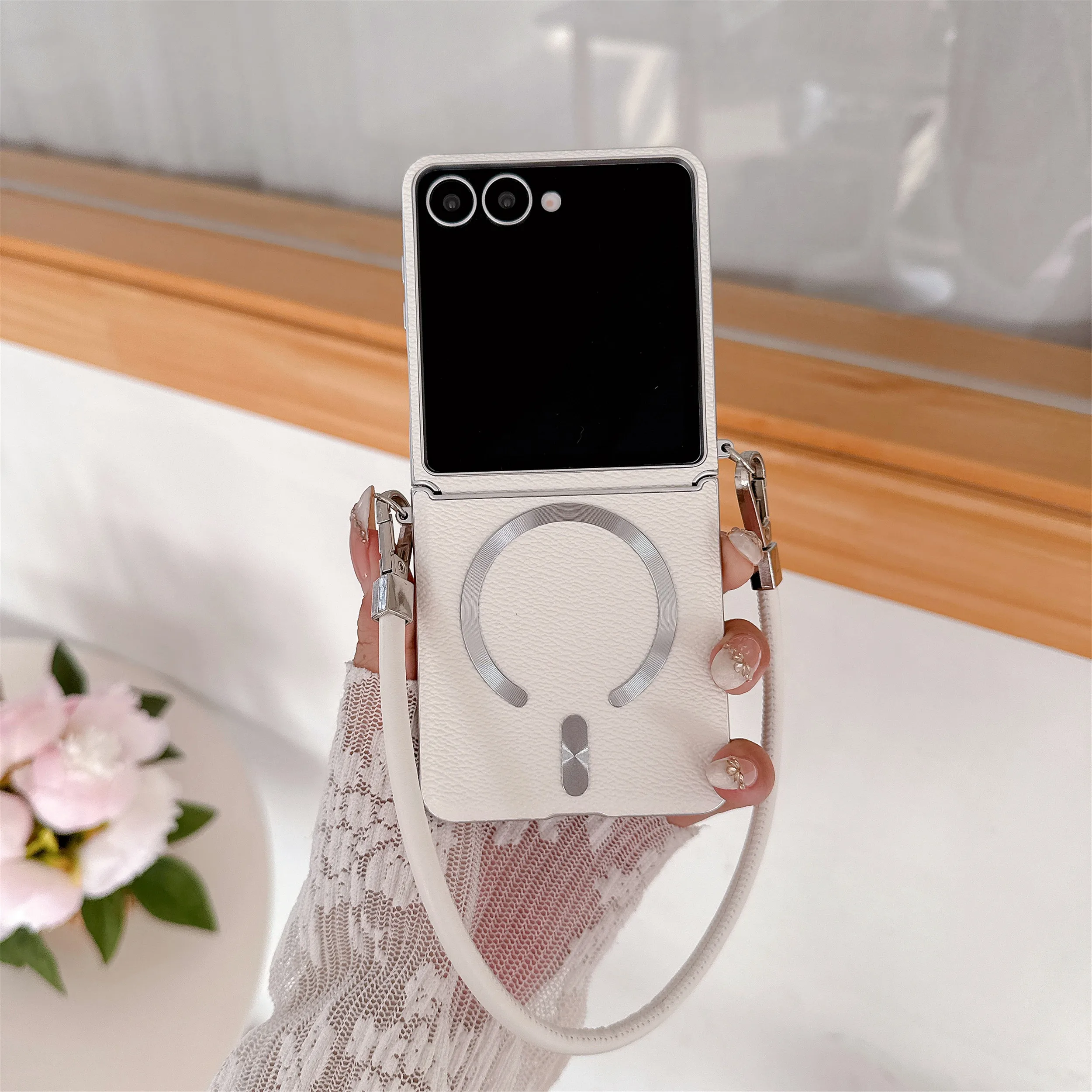 Enhanced Leather Magnetic Cover with Wristband and Lanyard for Seamless Wireless Charging