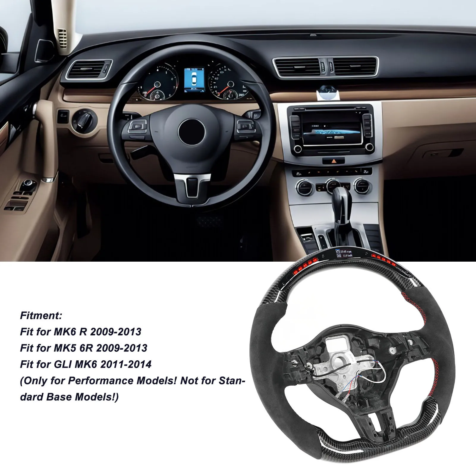 LED 디스플레이 시프트 조명 스티어링 휠, 스웨이드 레드 스티칭, 폭스바겐 MK6 R MK5 6R GLI MK6 에 적합, 자동차 부품