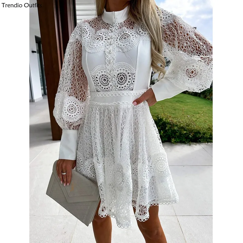 

Trendio Spring Summer Women Solid O-neck Loungewear Fashion Hollow Out Lantern Sleeve Ladies Party Streetwear Vestidos Dress