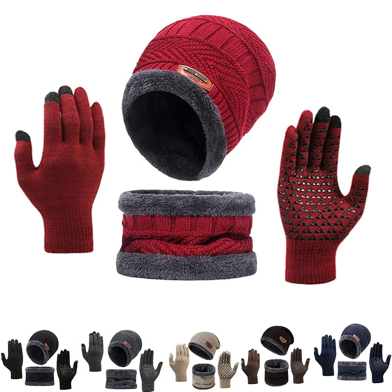 3-piece Set Winter Warm Velvet Hat Scarf Gloves Set Winter Hats Knit Cap Men And Women Velvet Hat Coral Fleece Scarf Outdoor