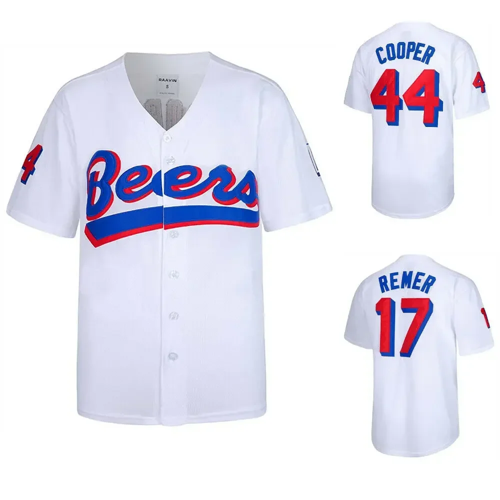 Mens Baseball Jerseys Retro 1988 Movie Beers #44 Cooper #17 Remer Stitched White