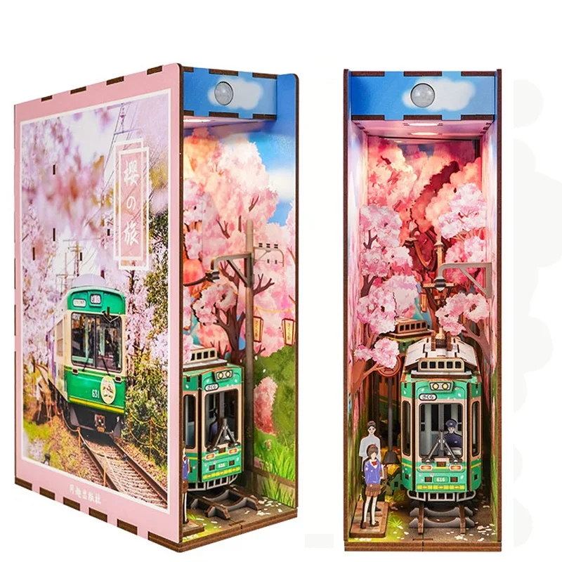 DIY Wooden Book Nook Shelf Insert Kits Balloon Cherry Blossoms Bookends Miniature Building Kits Bookshelf For Friends Gifts 3