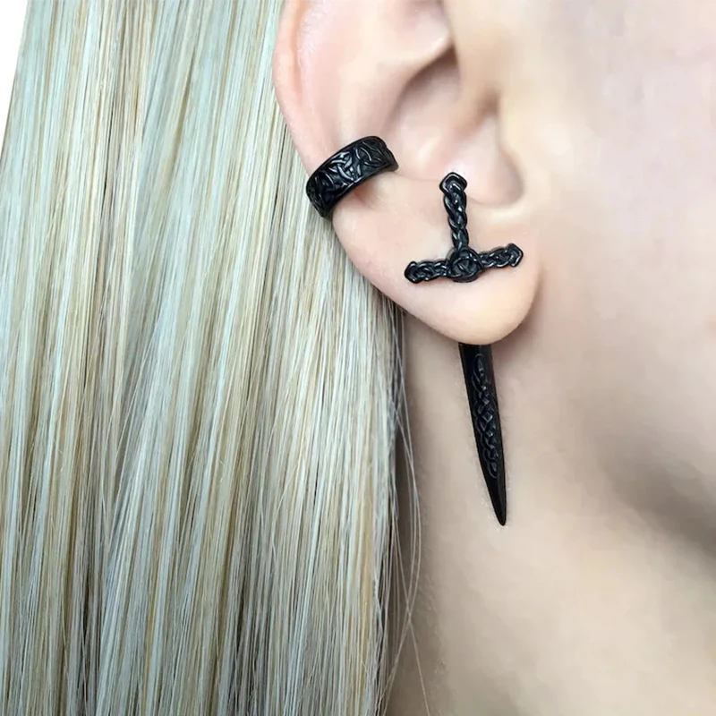 Steel Fun Jewelry Punk Sword Gothic Kinitial Piercing Earrings for Women&Men Goth Pattern Ear Jacket Cross Stud Earring Jewelry stud earrings cross earrings