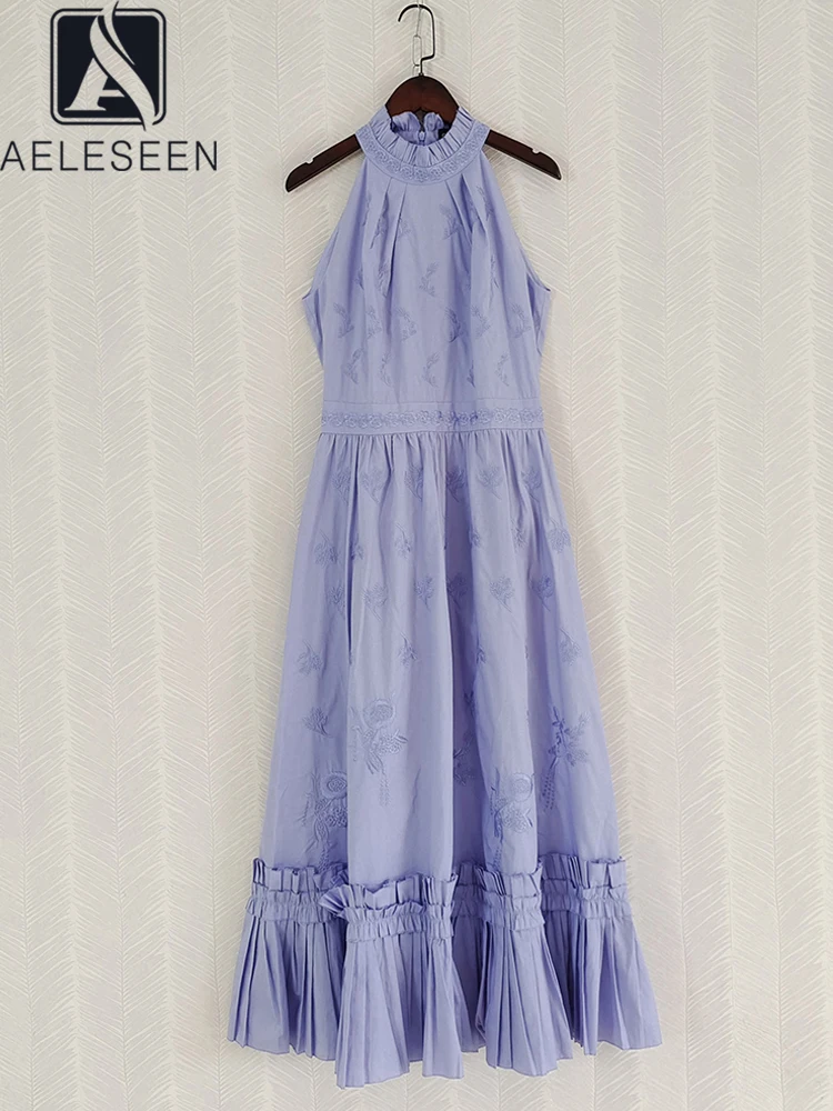 

AELESEEN Women Blue Tank Dress Runway Fashion Sleeveless Turtleneck Flower Embroidery Ruffles White Loose Long Party Holiday