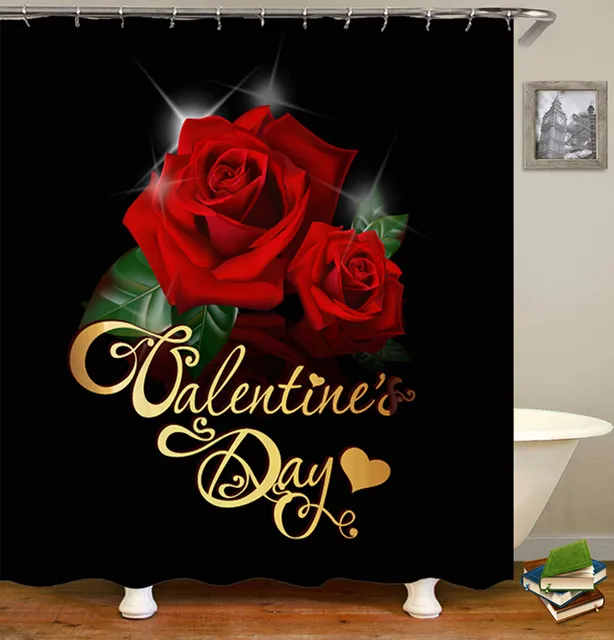 Rose Flower Shower Curtain Set Non-Slip Rugs Bath Mat Toilet Lid Cover and 12 Hooks Waterproof Polyester Bathroom Decor R-1PC Shower Curtain