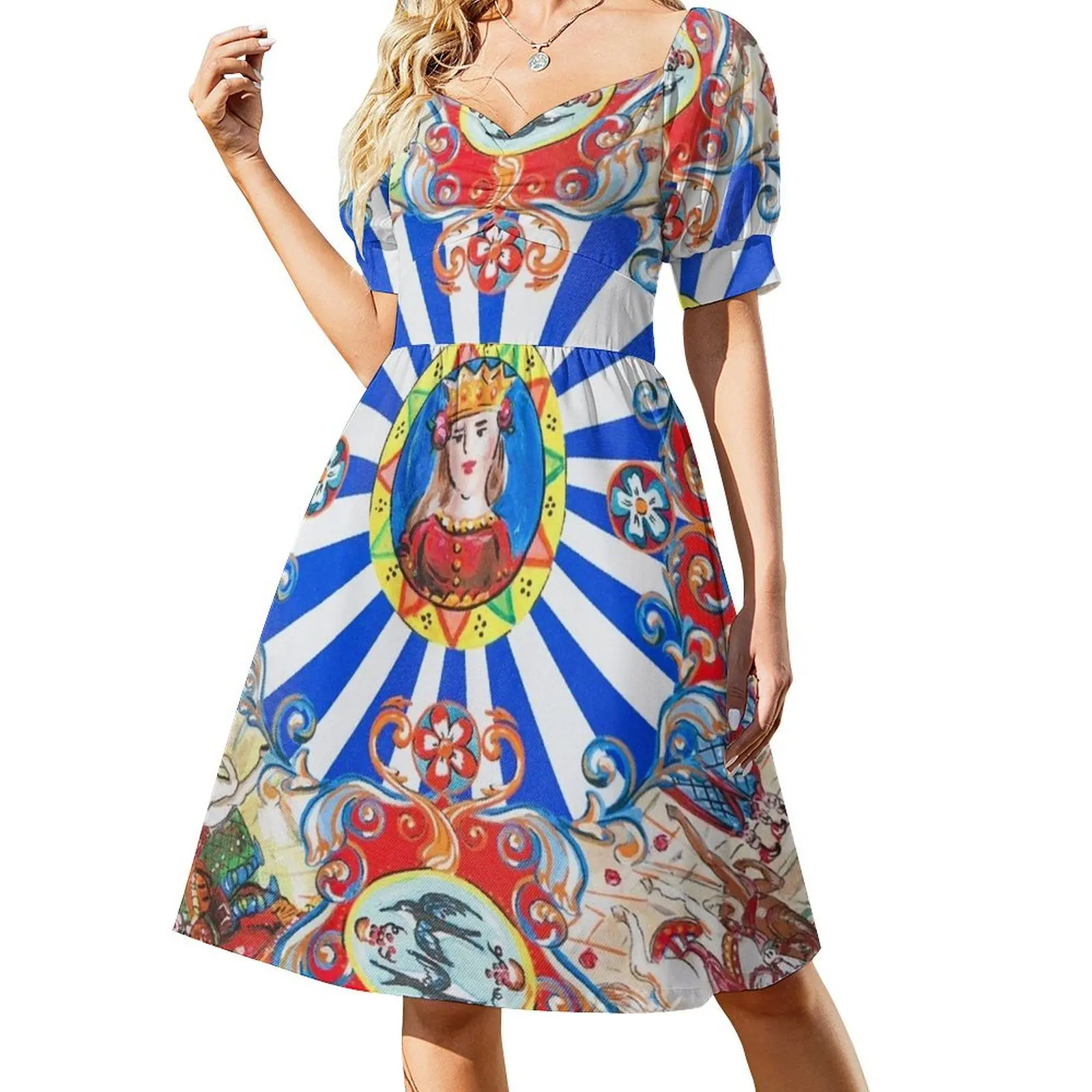 Vestido de manga corta de arte siciliano Ropa de mujer Vestidos de fiesta Vestidos de mujer Vestido de verano