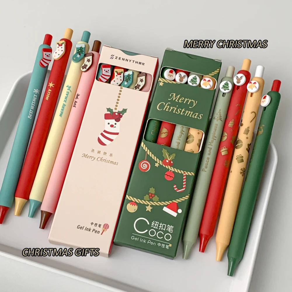 4 Pcs/Set Creative Christmas Gel Pen High-Aesthetics 0.5mm Black Merry Christmas Gel Ink Pen for School Student Office Supplies