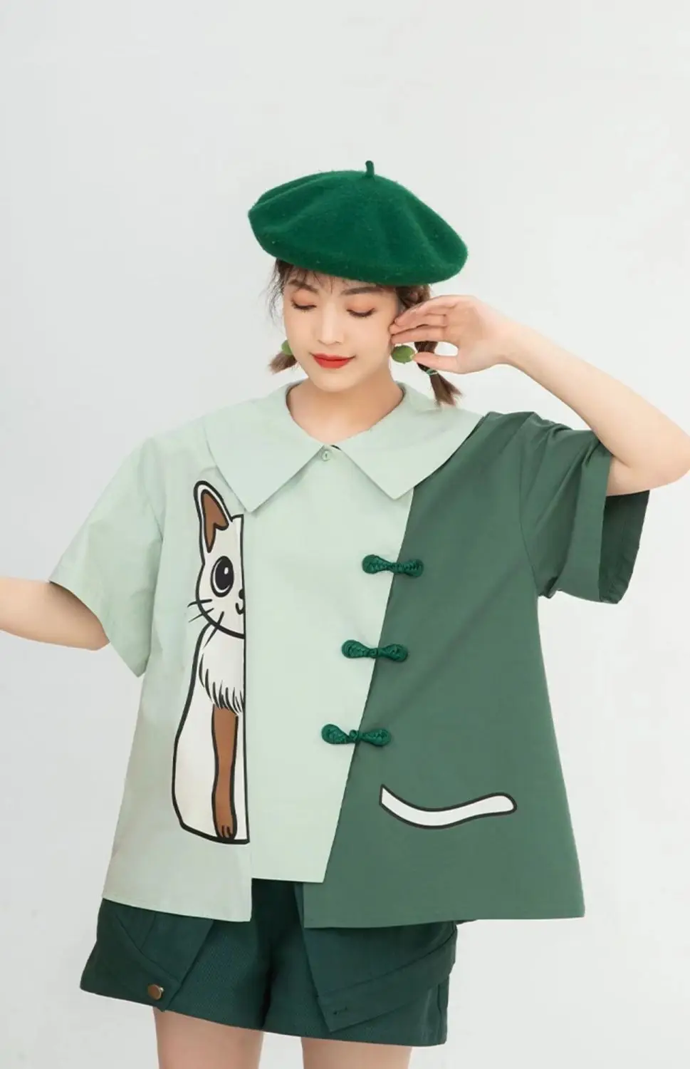 

Cartoon Cat Green Patchwork Peter Pan Collar Blouse Women Short Sleeve Summer Top Button Up Shirt 2023 Korean Fashion