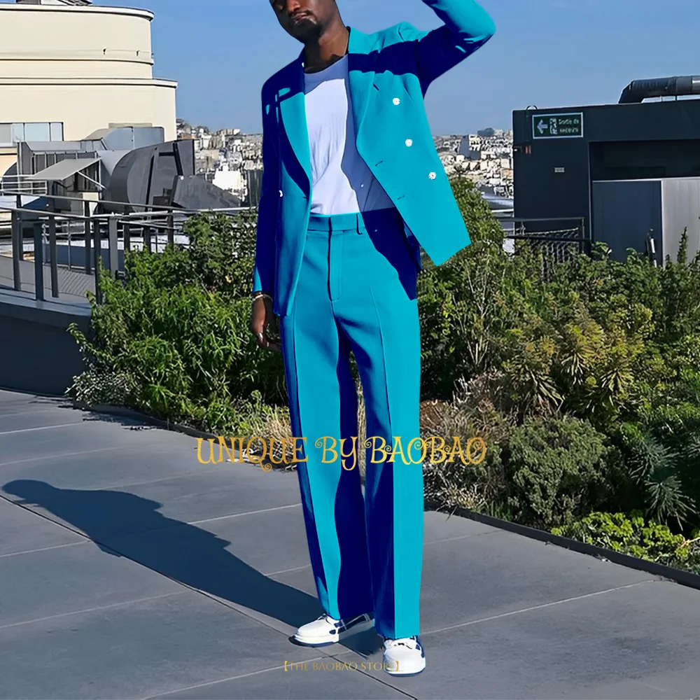Lake Blue Men 2-piece Suit Double Breasted Blazer Trousers for Wedding Groom Prom Clothing Business Set Party Wear Tailored Outfit