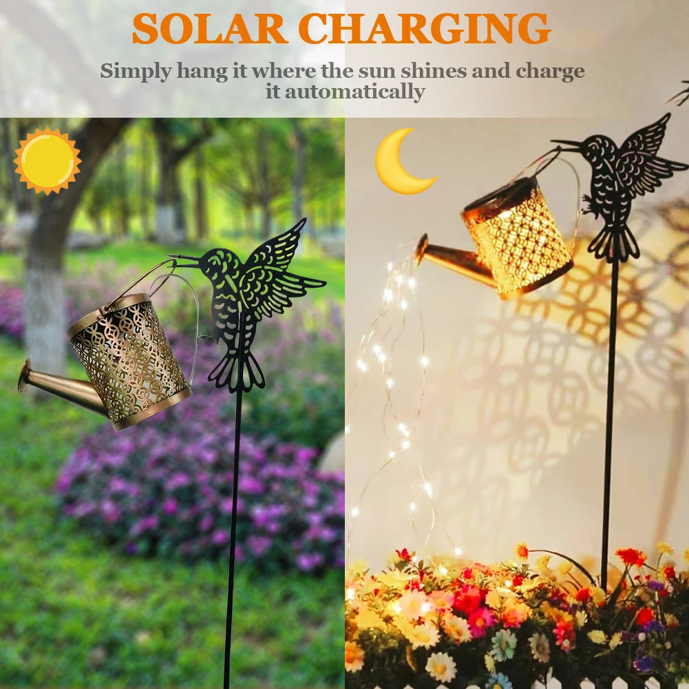 Solar Watering Can Light Metal Hanging Lantern Hummingbird Watering Can Light Garden Stake Light for Garden Yard Balcony