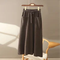 Autumn And Winter100% Pure Wool Skirt Women's Long Pocket Small A Skirt High Waist Slim Cashmere Knit A-Line Skirt - Image 3