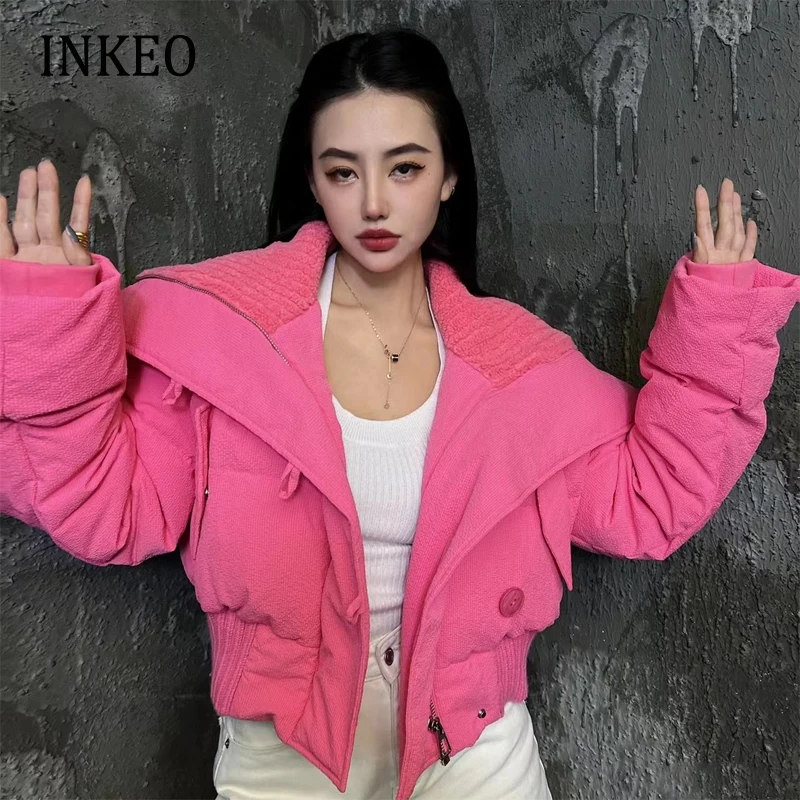 

Зимняя меховая куртка в стиле пэчворк, короткая верхняя одежда для женщин, новинка 2023, модная большая пуховая куртка с отложным воротником, розовые парки INKEO 2O394