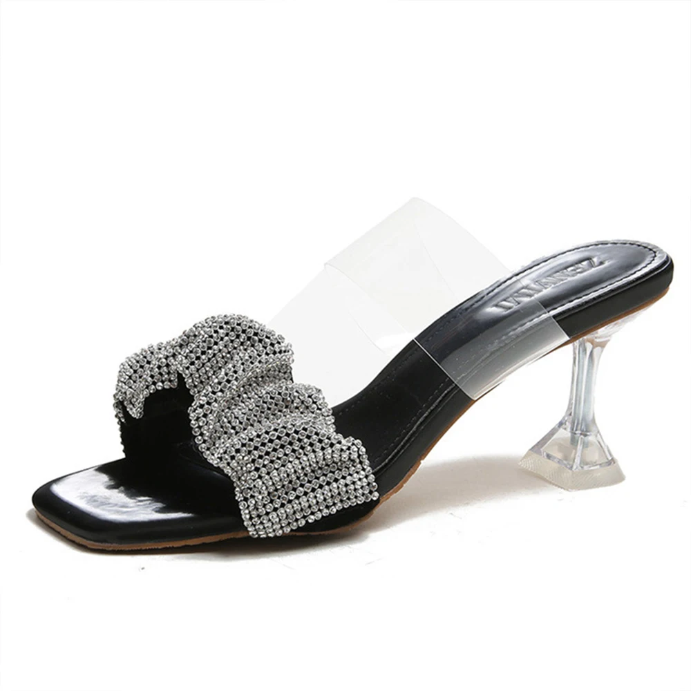 

2022 Summer Rhinestone Transparent Sandals Slippers New Square Head High Heels Women Prom Leisure Slim Fit Durable