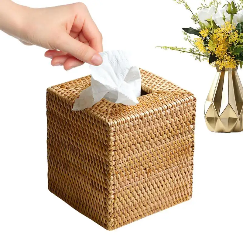 

Rattan Tissue Box Cover Boho Woven Tissue Holder Boho Decorative Facial Tissue Holder Portable Napkin Box Dispenser For Kitchen