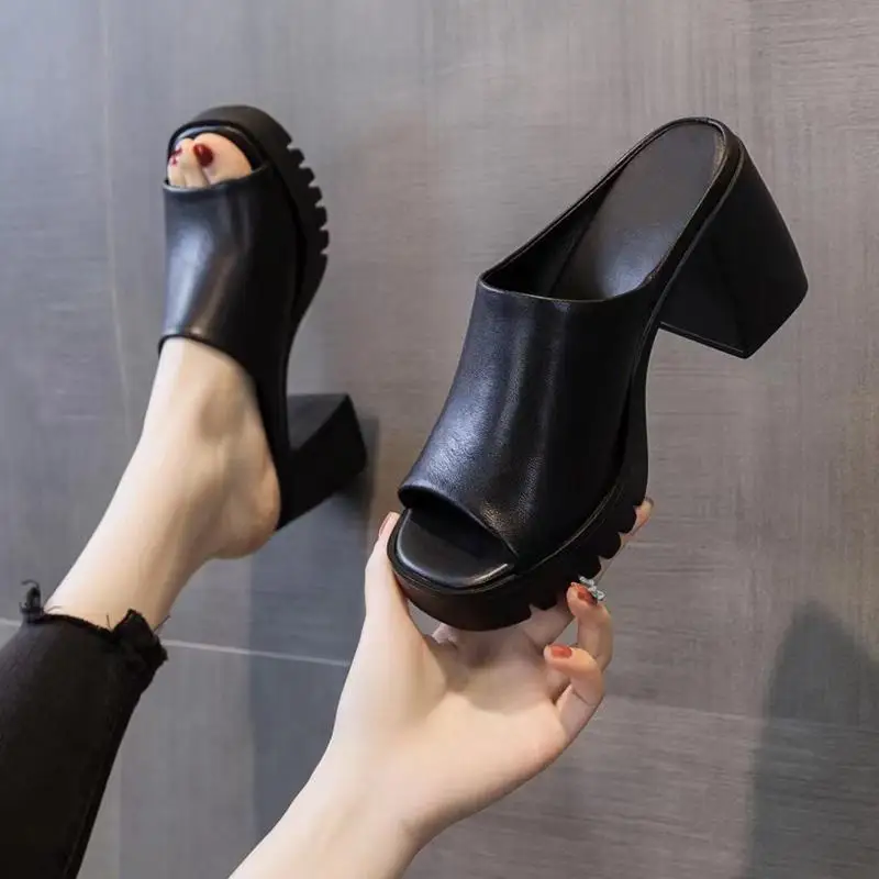 2024 Summer Women Slippers Brand Design High Quality Leather Shoes Block High Heels Mules Pumps Women High Heels Casual Footwear