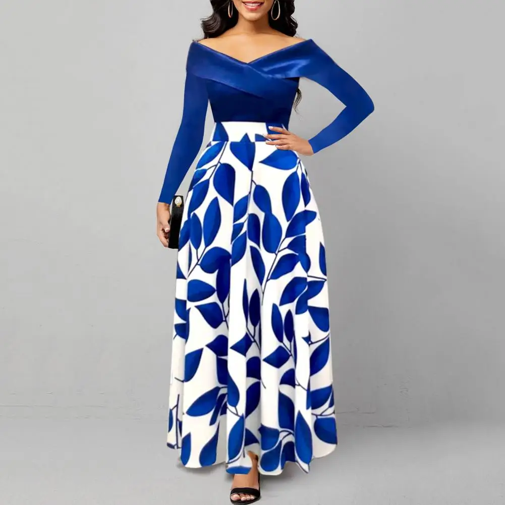 

Elegant Leaf Print Velvet Patchwork Dress V-neck Off Shoulder Long Sleeve Maxi Dress Women Sexy Slim Fit Draped Party Dress