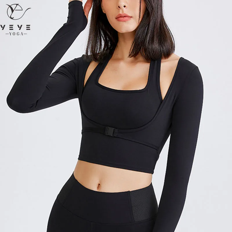 Sexy Long Sleeve Sport T-shirt sports t shirt sports shirt Women 2 In 1 Crop Top Fitness Workout Yoga Jersey Gym Cropped Shirts