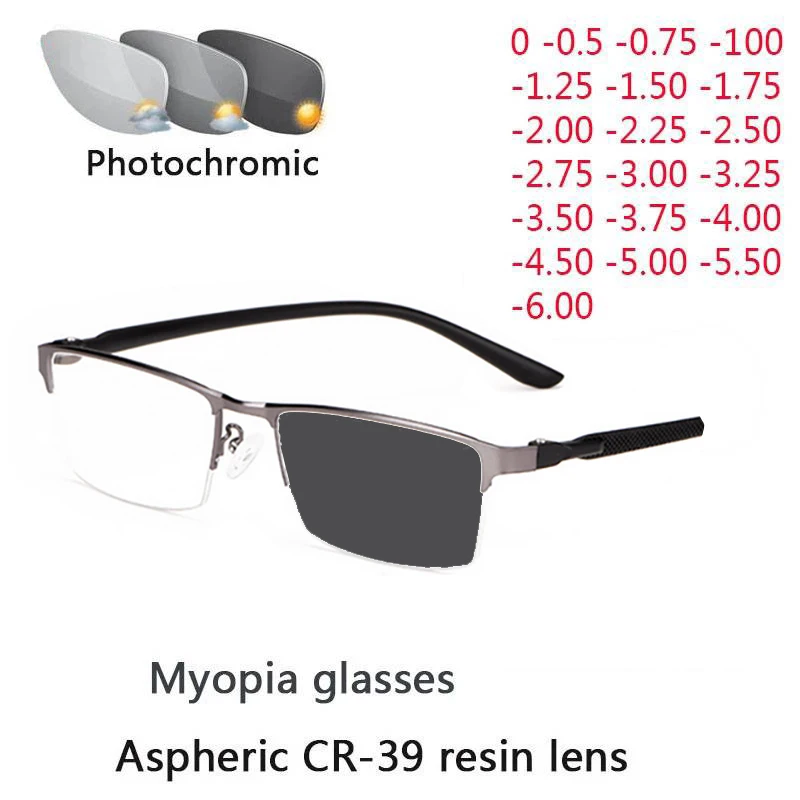 Okulary fotochromowe minusy – korekcyjne półramki z soczewkami CR-39 2 Okulary fotochromowe minusy dla krótkowzrocznych soczewka CR39 pół ramy metalowe stopień soczewki dioptrii okulary-1 -1.5 -2 -2.5 -3 -4 do-6 1