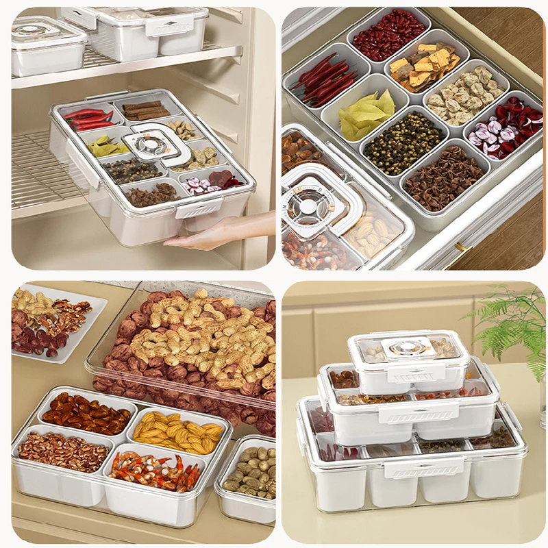 Refrigerator Storage Box 2/4/8 Grid Vegetable Fruits Appetizer With Lid Sectional Nuts Candy Snack Serving Tray Fridge Organizer