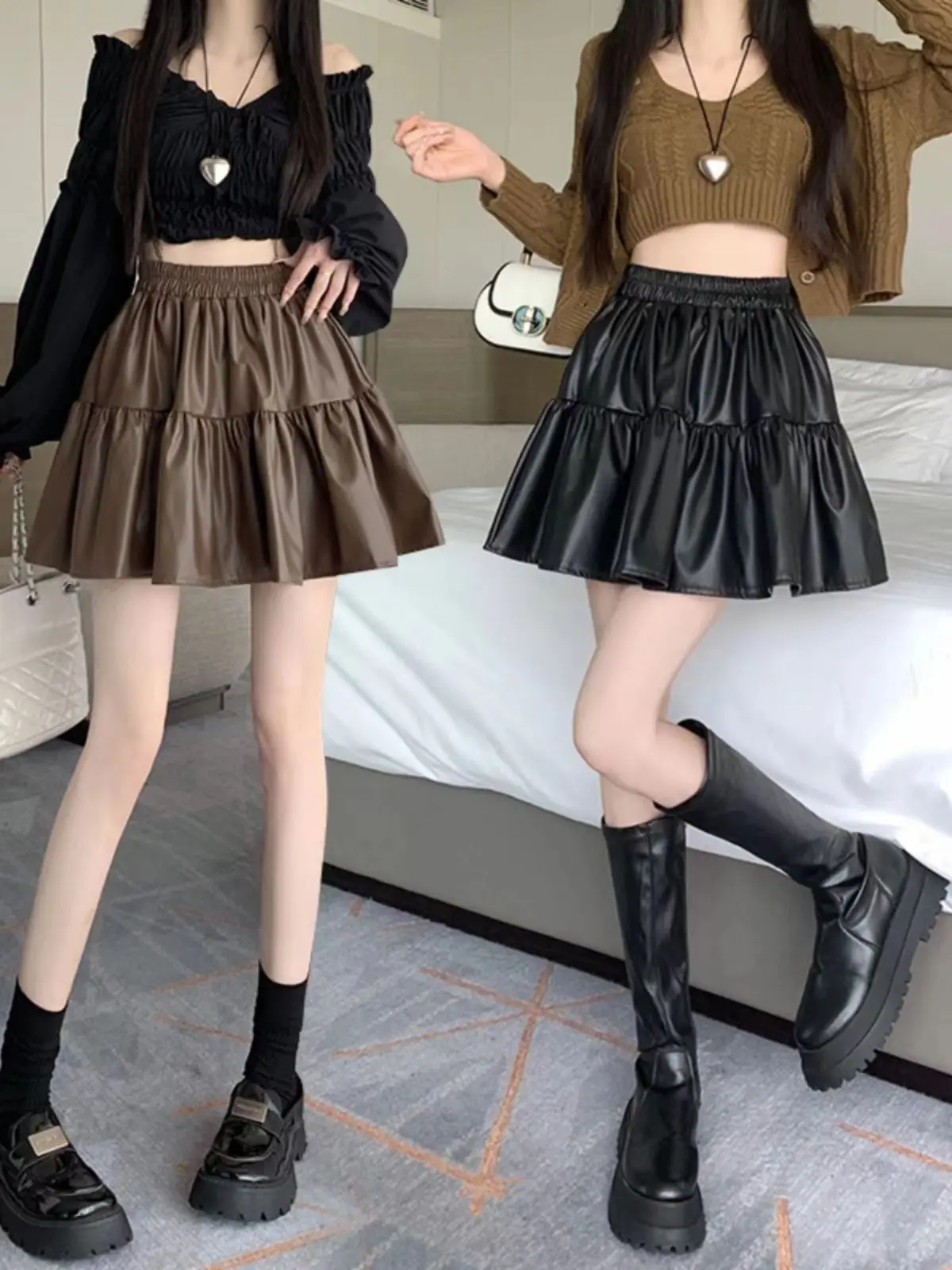 Women's PU Leather High Waist Pleated Mini Skirts Flared Short Skirt Nightclub Festival Rave Outfits