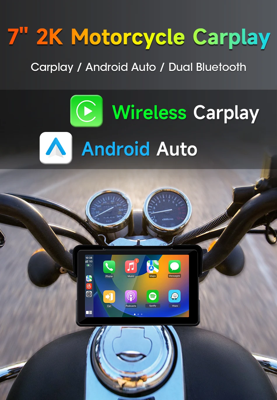 Srnubi Tragbarer Universal-Motorrad-CarPlay-Bildschirm, kabelloses CarPlay, Android Auto, 7-Zoll-IPS-Touchscreen, IP67, wasserdicht, 2K-DVR – Detail 2