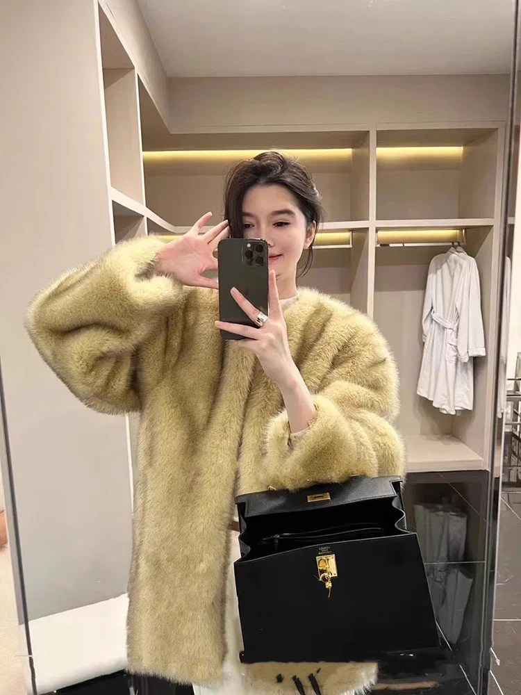 2023 Winter Clothes Imitation Fox Fur Mid-Length Colorful Coat Sweet Elegant Loose Long Sleeve High-End Thickened Furry Jackets