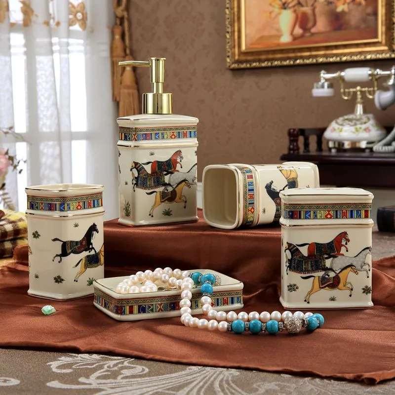 Bathroom Accessories 5 Pcs Set Ceramic Soap Dispenser & Dish Toothbrush Holder Rack Gargle Cup Horse Finish Luxury Wedding Gifts
