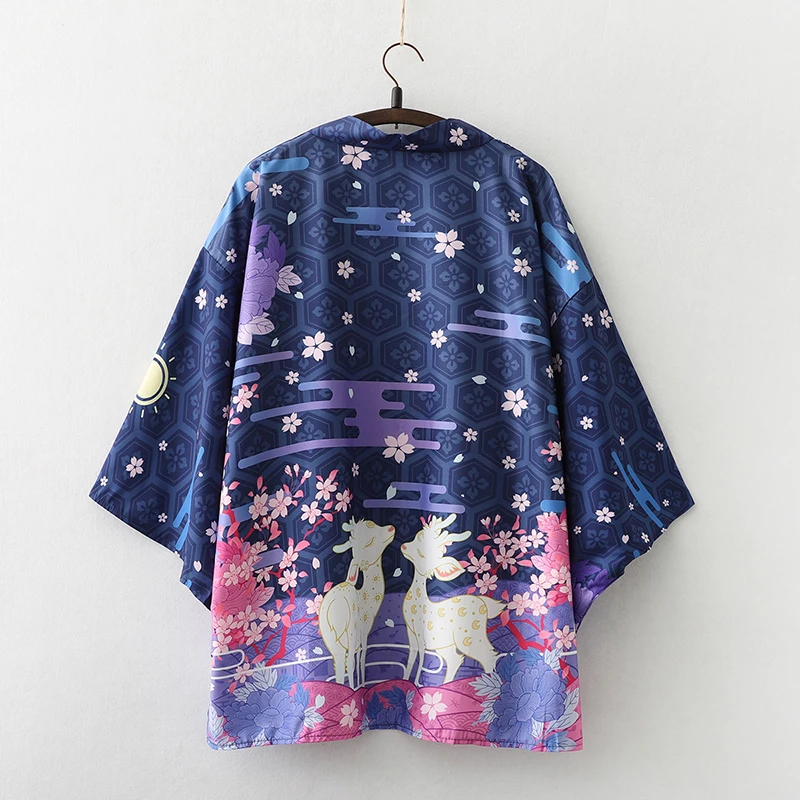 

Streetwear Cardigan Women Men Harajuku Haori Summer Loose Pink Blue Elk Print Japanese Kimono Cosplay Blouse Top Yukata