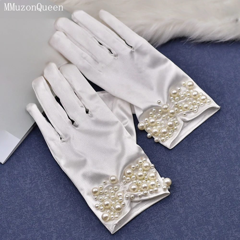 

MMQ MM13 White Bridal Gloves Wrist Length Full Finger Satin Pearl Gloves For Party Or Travel Wedding Supplies DIY Customizable