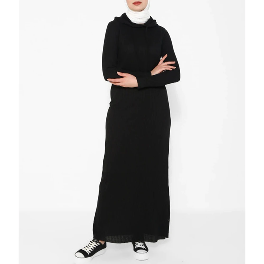 Ramadan Kaftan Dubai Hooded Hijab Dress Drawstring Design Long Sleeve Full Cover Muslim Fashion Knitted Islamic Modest Robe