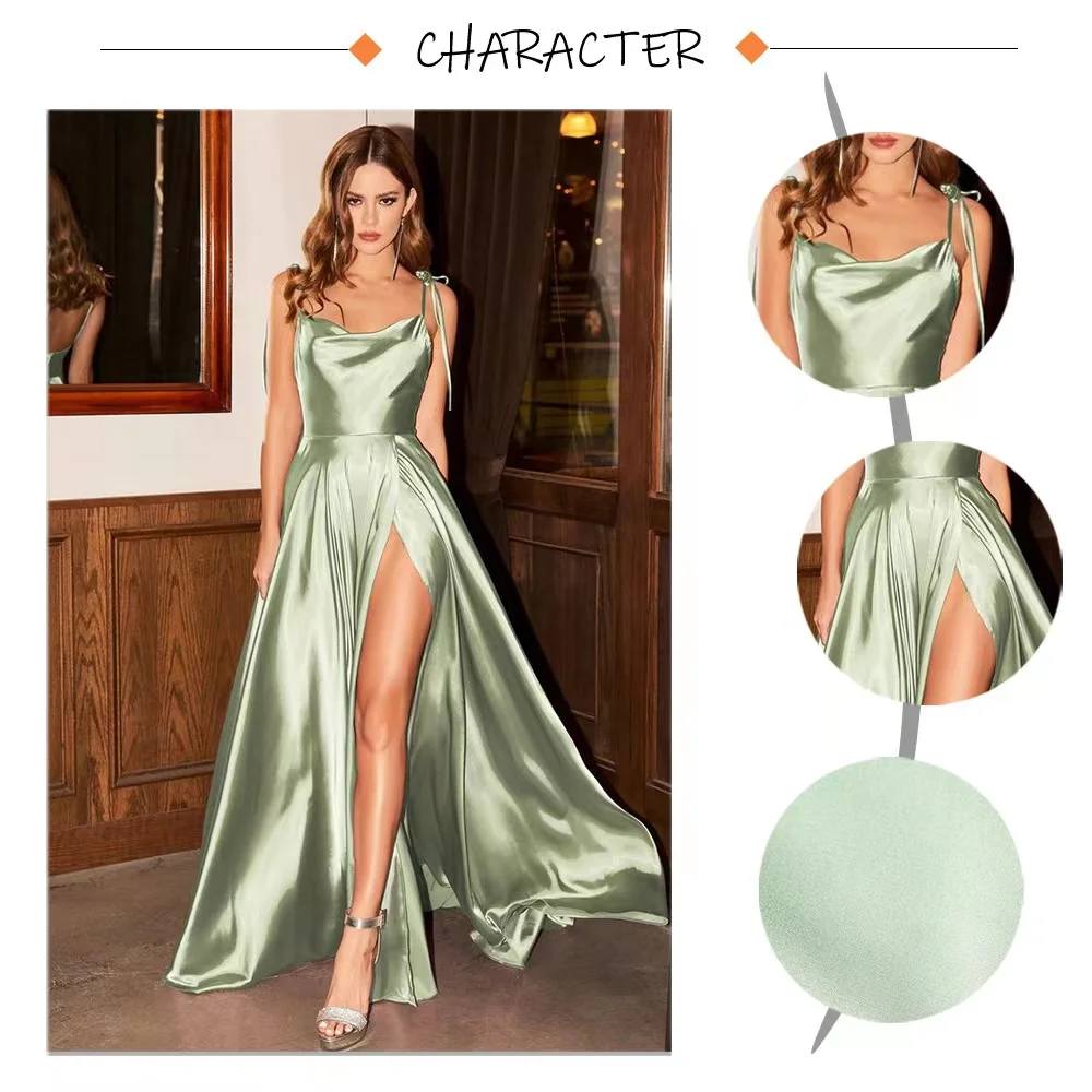 Women Spaghetti Strap Satin Prom Dress Long Elegant Mint Green Backless Summer A-line Maxi Evening Party Gown Vestidos Gala