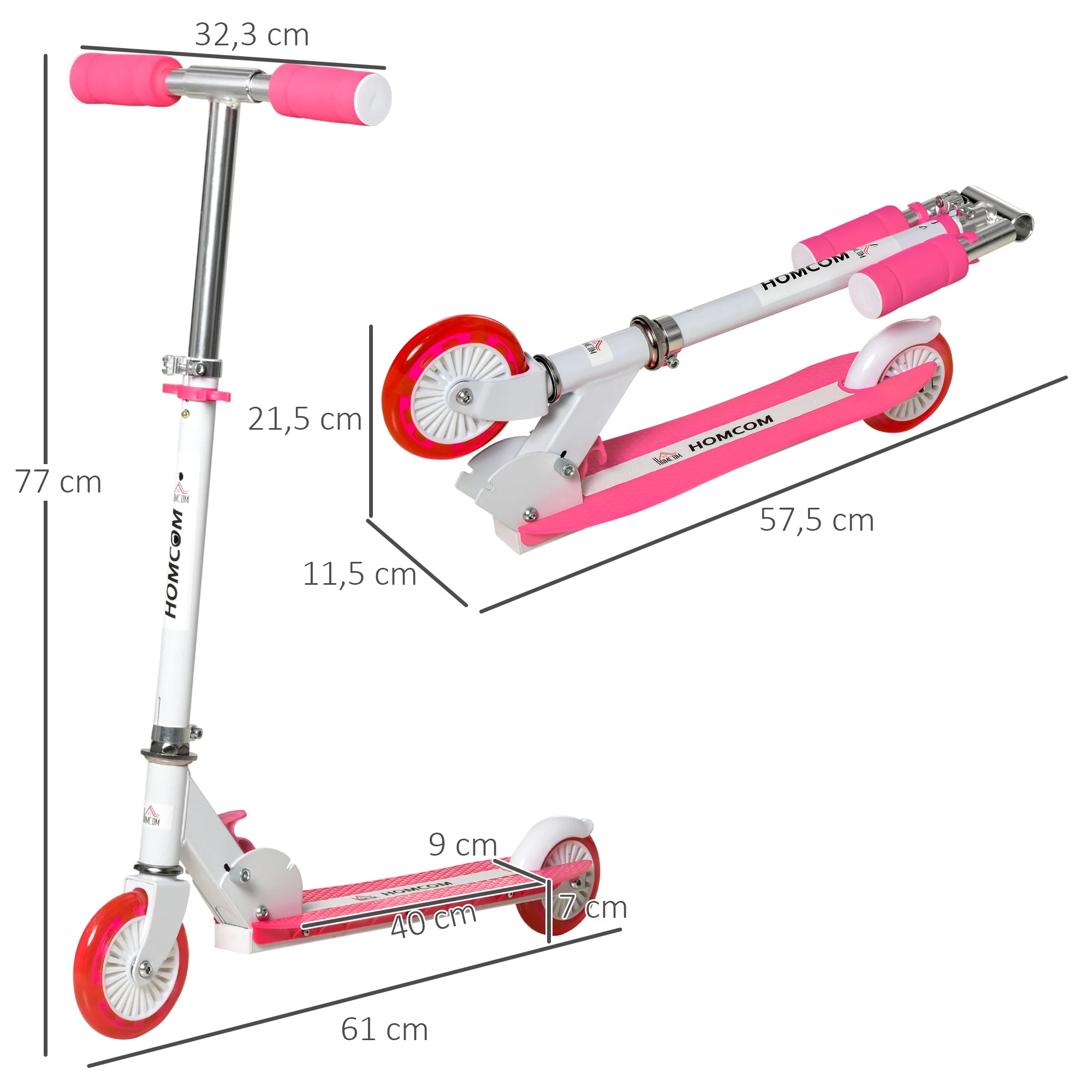 HOMCOM Patinete para Niños de +3 Años Plegable Scooter de 2 Ruedas con  Manillar Altura Ajustable Freno Posterior y Pedal Antideslizante Carga 50  kg 67,7x34x79,5-89,5 cm Verde