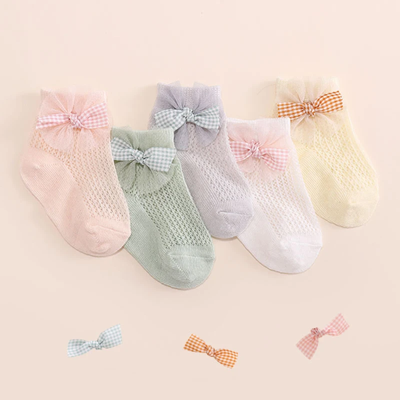 

Baby Socks for Girls Toddler Cute Plaid Bowknot Hollow-Out Anti-Skid Socks Summer Super Thin Mesh Kids Socks