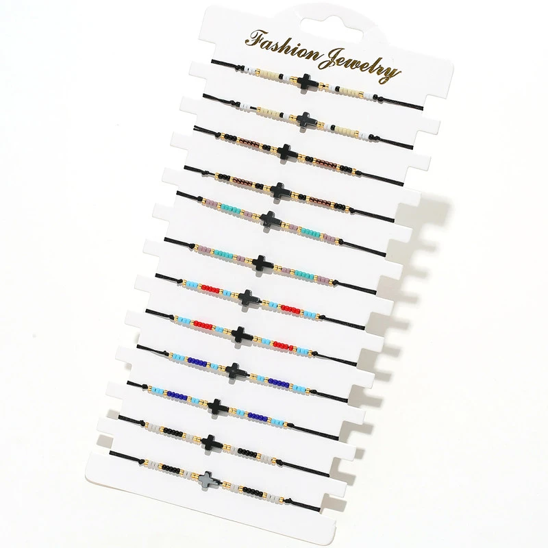 여성용 적철광 십자가 팔찌 세트, 수제 로프, 조절 가능한 매력 팔찌, 팔찌, 쥬얼리 선물, 12 개/로트 