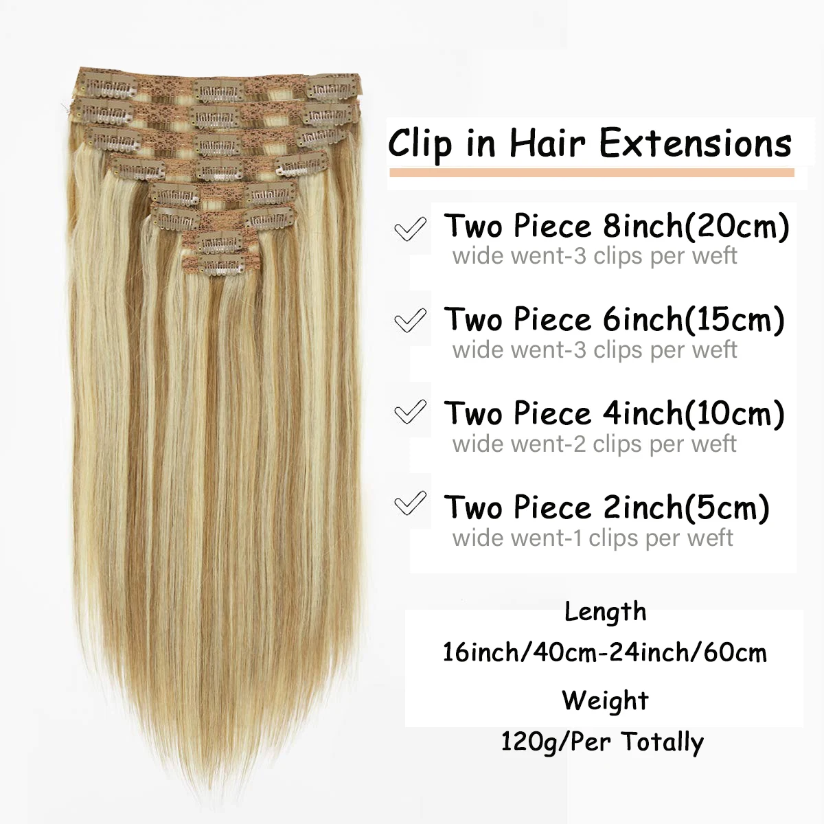Hair Extensions 120G Clip In Hair Extension Human Hair Color P8/613 Straight Brazilian 100% Human Extension 8 Pieces/Sets Full Head