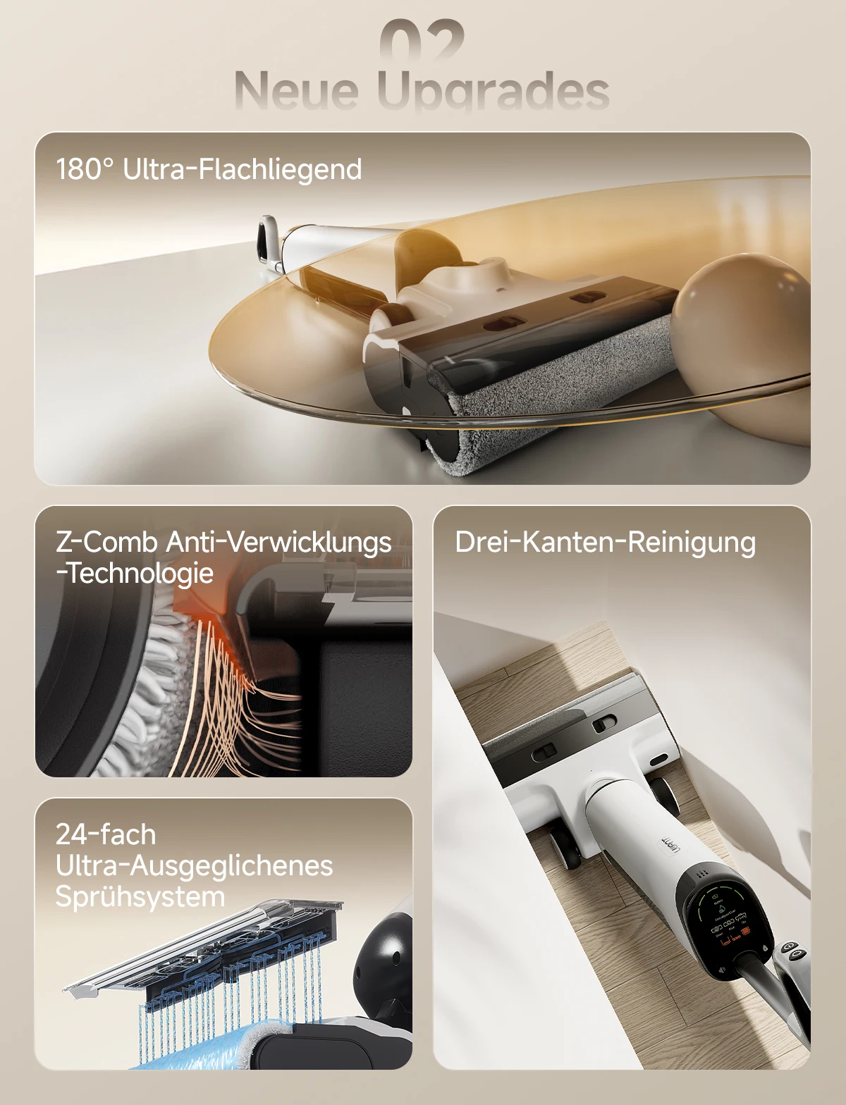UWANT D500 Nass-Trocken-Staubsauger 17000Pa Saugkraft 180 ° Flachliegender kabelloser Wischmopp mit KI-Selbstreinigung 65 ° C Trocknung Dreiseitige Kante – Detail 4
