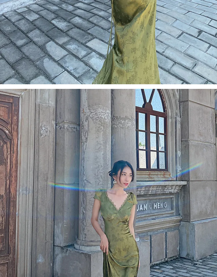 Elegant Green V-Neck Satin Jacquard Dress Women's Backless Sexy Maxi Dress Summer Ladies Robe Vintage Vestidos Female Clothing