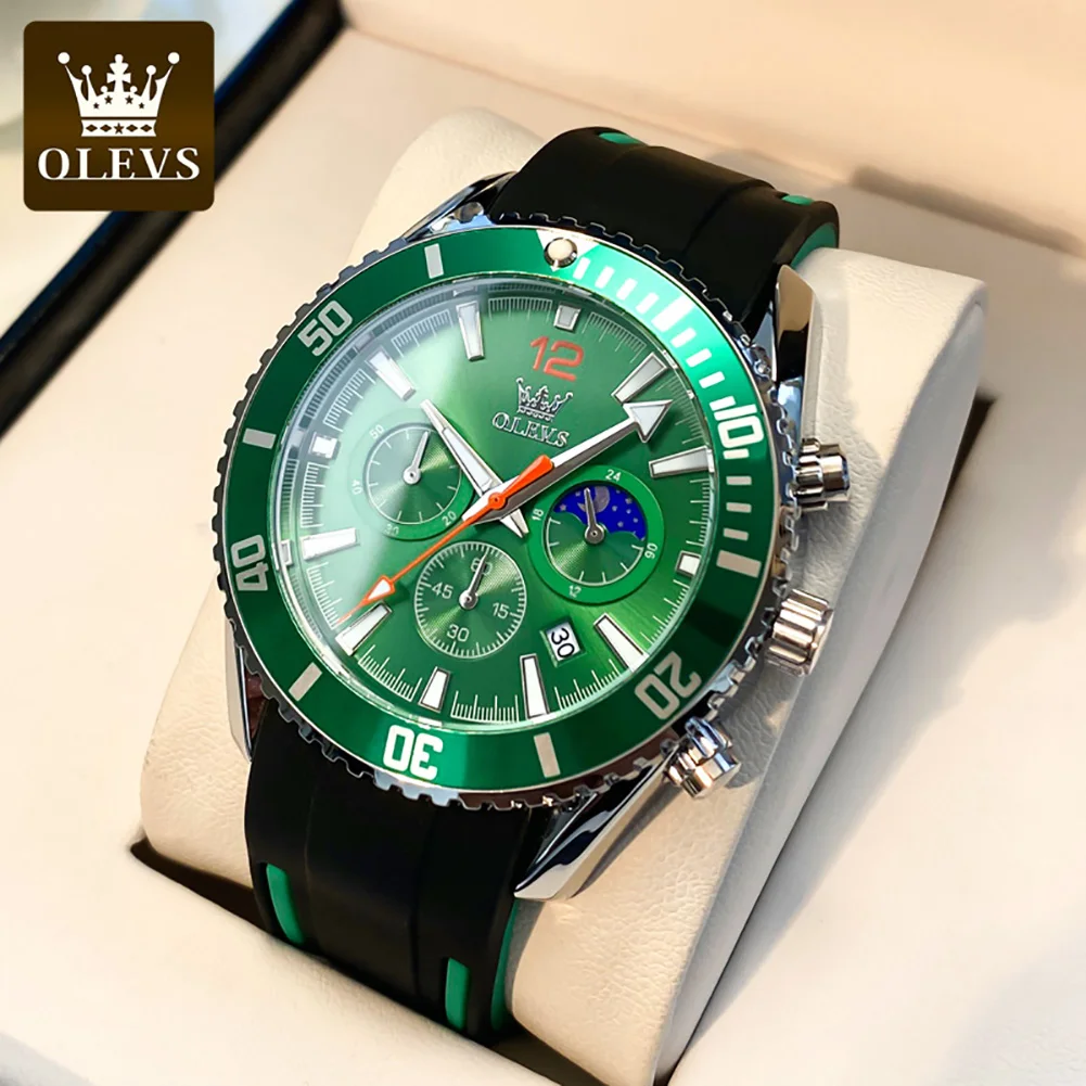 

OLEVS 9916 Sport Quartz Watch Gift Silicone Watchband Round-dial Moon Phase Chronograph Calendar Luminous Small second