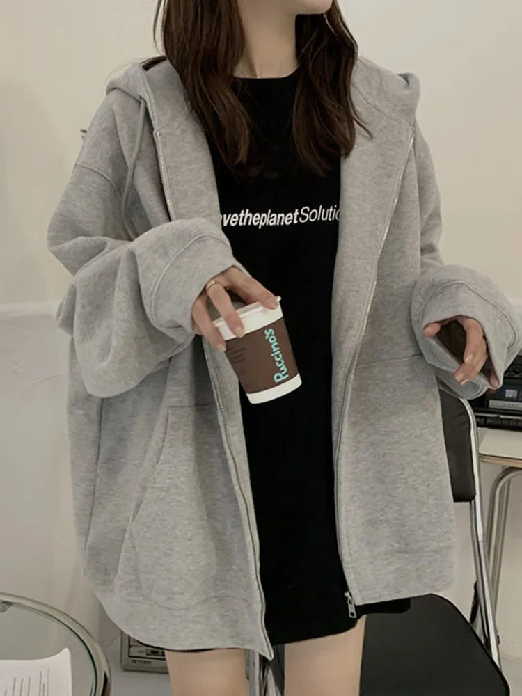 

HOUZHOU Korean Fashion Hoodies Women Oversized Harajuku Gray Zip Up Sweatshirts Female Basic Autumn Solid Color Thin Overcoat