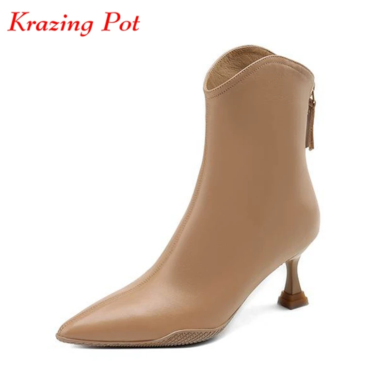 

out of stock Sheep Leather Pointed Toe Winter Warm Fashion Boots Thin High Heels Zipper Nightclub British School Ankle Boots